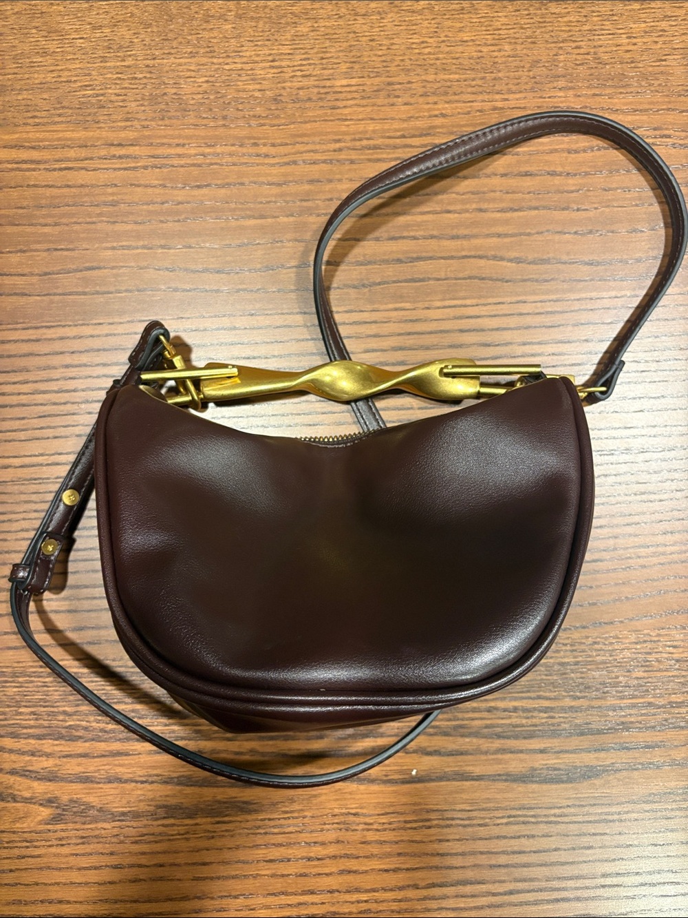 Zara Dark Brown Crossbody Bag with Gold Twist Detail